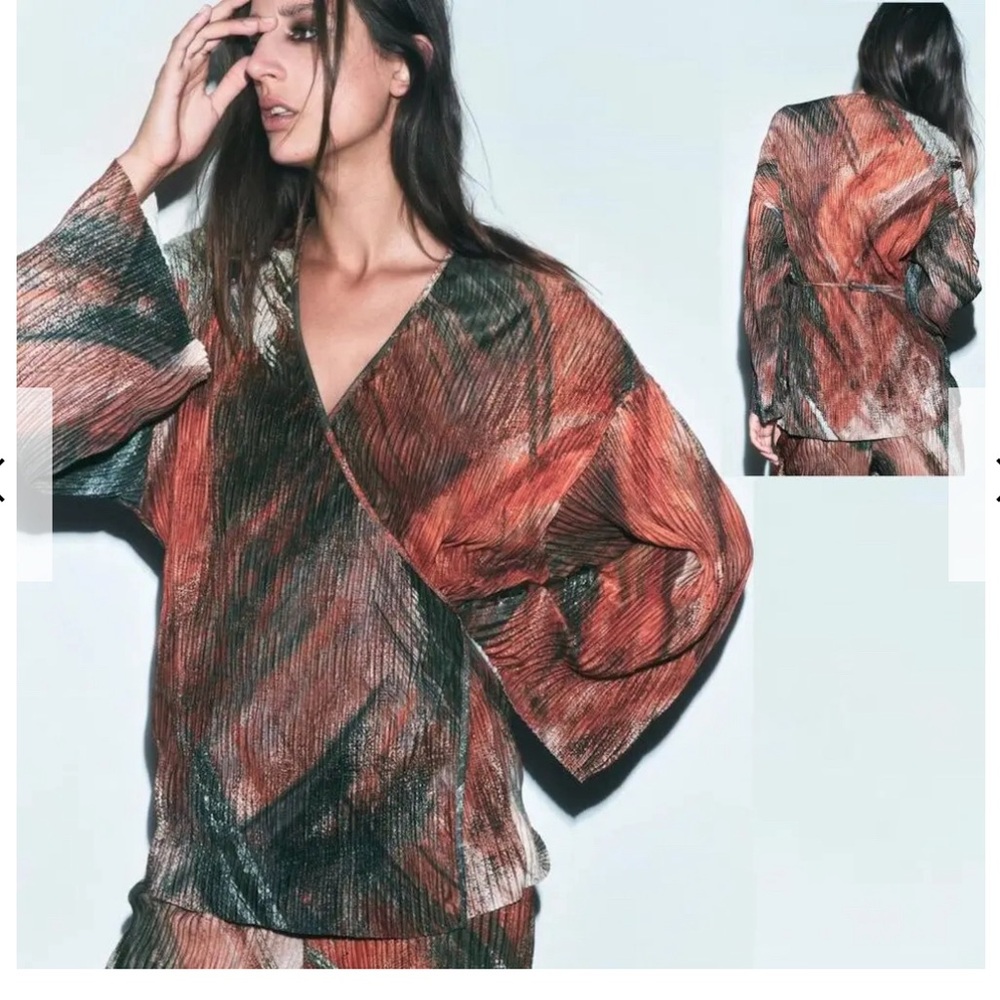 Zara pleated orange green printed bell sleeve kimono wrap size M - Picture 2 of 7